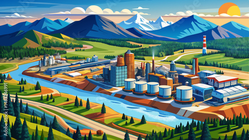 Aerial Panoramic Canadian Oil Refinery Athabasca river Alberta