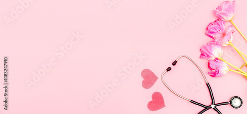 National doctors or nurse day with stethoscope,bunch of tulips flowers.Health medicine Day.Copy space for text.mockup greeting card banner on pink background