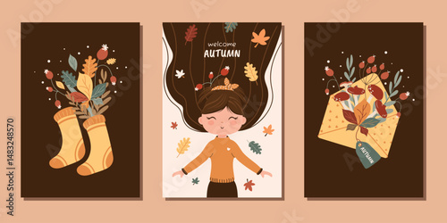 A set of modern, flat autumn posters with a cute girl, warm socks, and an envelope with an autumn bouquet. Vector design for posters, backgrounds, postcards and more.