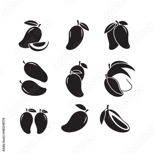 vector icon set of mango fruits food silhouette flat design illustrations