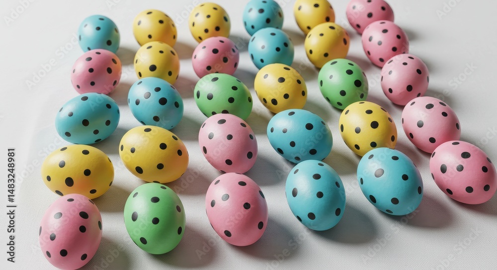 Pastel Polka Dot Eggs - Colorful pastel eggs with black polka dots arranged in rows on a white background. Perfect for Easter or spring themes Pastel Polka Dot Eggs - Colorful pastel eggs with black polka dots arranged in rows on a white background. Perfect for Easter or spring themes