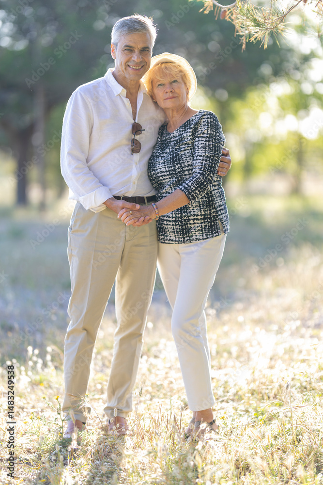 Fototapeta premium Happy senior couple holding hands and embracing in nature