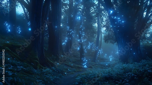 Soft twilight light illuminates a magical forest where glowing spirits and bioluminescent plants shine between ancient trees