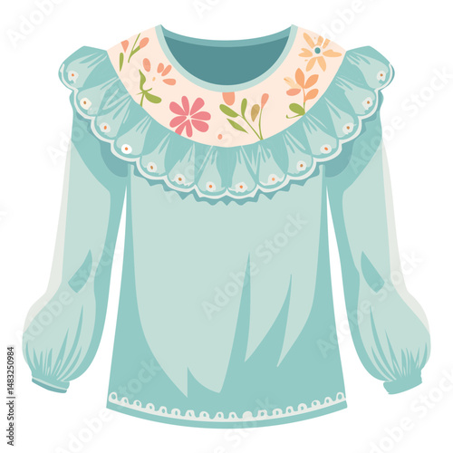 pastel green ruffled long-sleeve with flower pattern on top - vector illustration