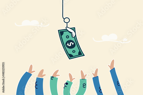 Fraud money, scam investment or ponzi scheme, financial crime, cheating or bait for illegal investing concept, businessman hands trying to catch fishing bait with dollar banknote money.