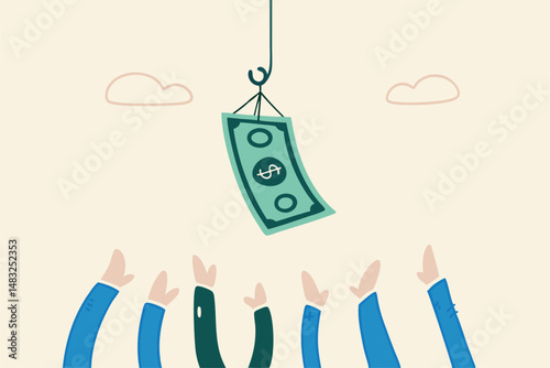 Fraud money, scam investment or ponzi scheme, financial crime, cheating or bait for illegal investing concept, businessman hands trying to catch fishing bait with dollar banknote money.