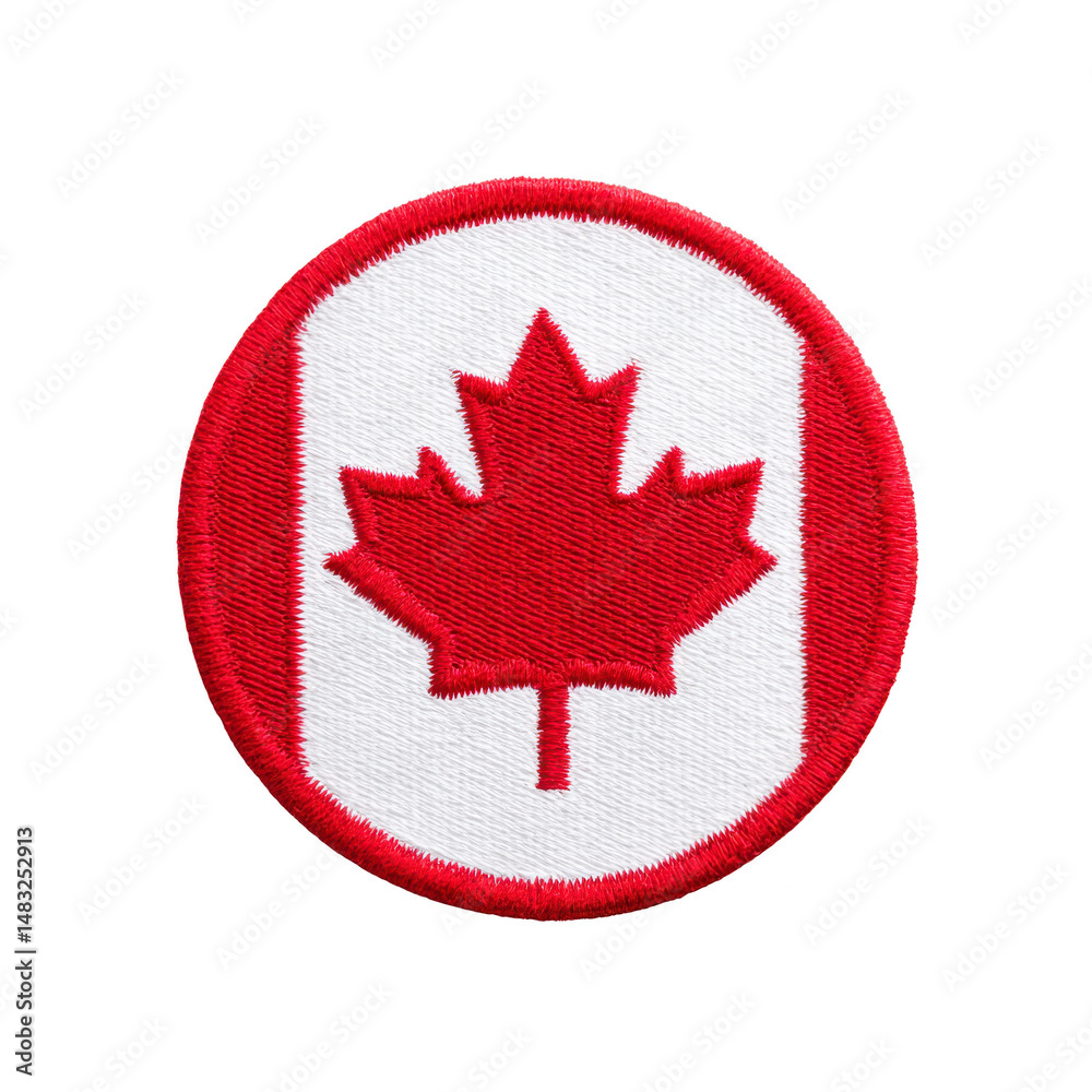 Obraz premium Circular embroidered patch features red maple leaf on transparency background, symbolizing Canada. patch is bordered in red, highlighting national emblem
