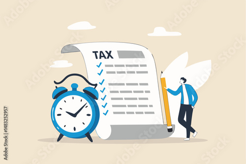 Tax time reminder, income tax planning, government payment date or financial refund, schedule or revenue calculation concept, businessman holding pencil with tax paper document and alarm clock.