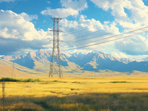 Power lines crossing golden field with mountains, sunset landscape