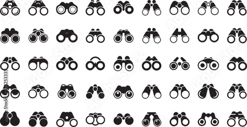 Stylized binoculars graphic with minimalist lines on a white backdrop, perfect for applications in navigation, scouting, and wildlife observation visuals.