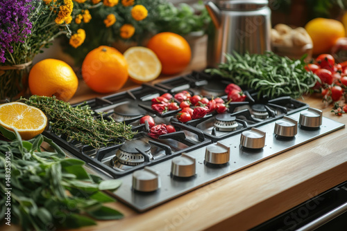 Various vegetables cooking on stove.