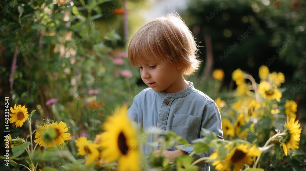 Child explores a vibrant sunflower garden, enjoying nature during a sunny afternoon