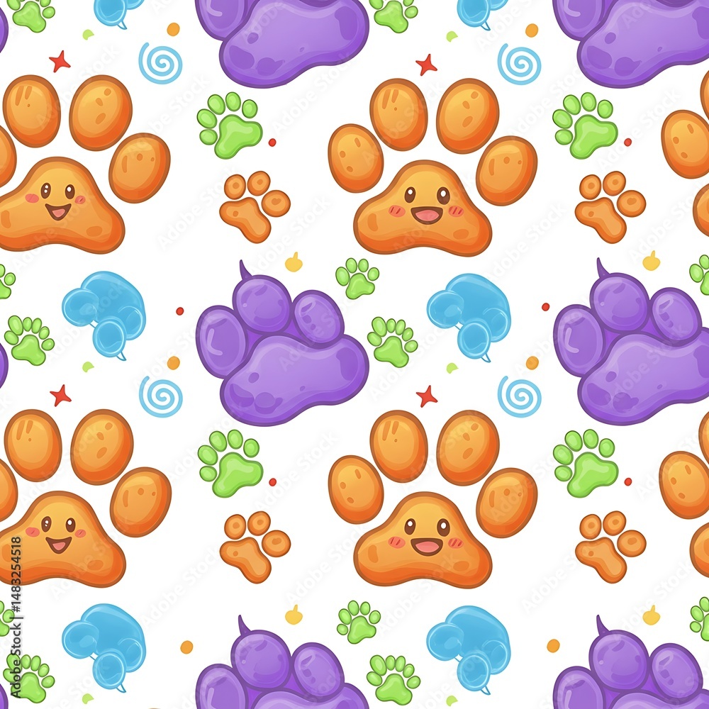 Fototapeta premium Happy Paws Cartoon Pattern: Colorful, Playful Design
