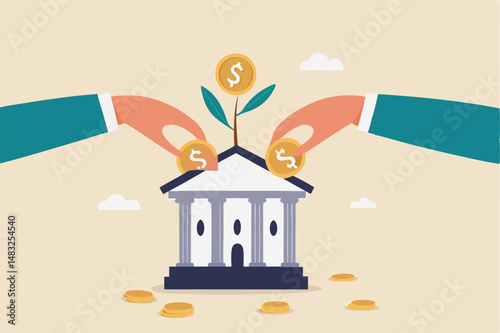 Mutual funds investment, 401K, pension or savings growth, increase wealth, dividends or capital gain profit, interest rate return concept, businessman hand put coin into bank growing money plant.