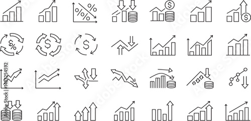 Increase and Decrease line Editable Icons set. Vector illustration in modern thin line style of profit related icons: chart, graph, arrow, and more.