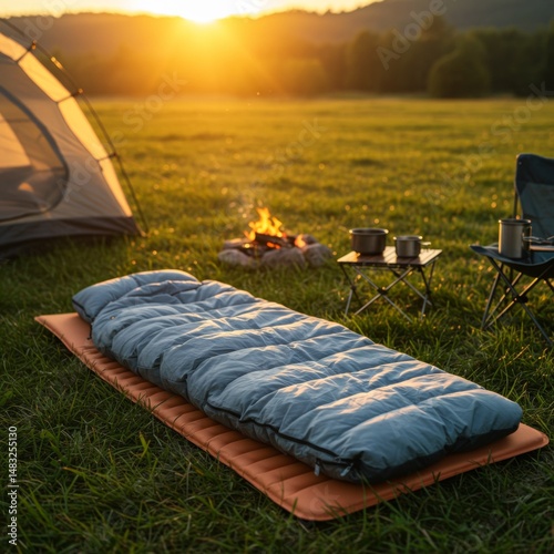Camping at Sunset: Sleeping Bag and Campfire in a Field