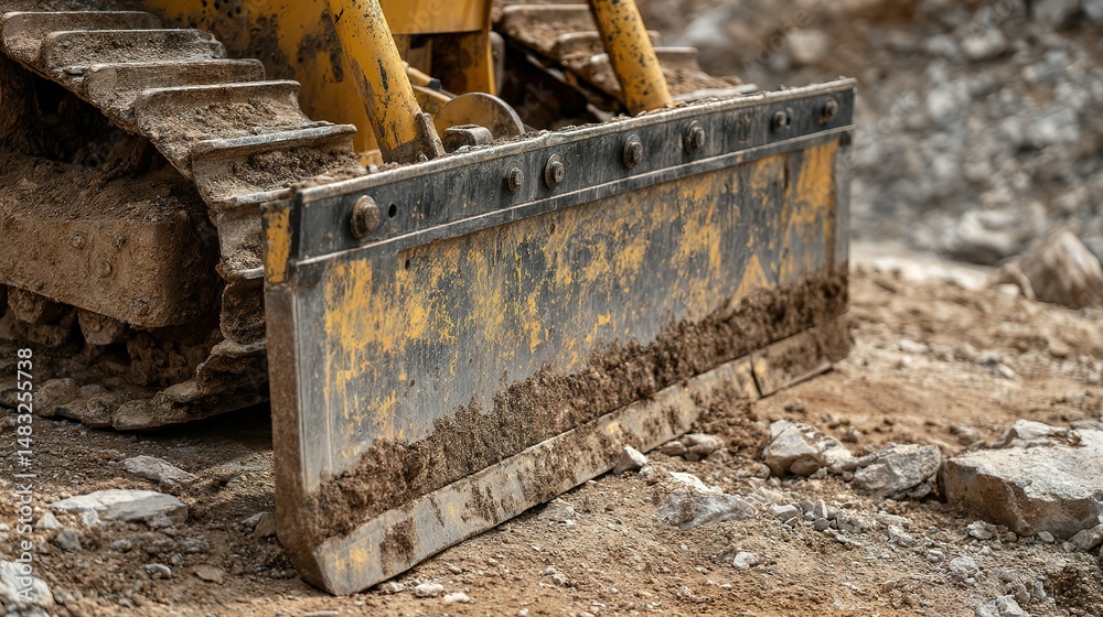 Fototapeta premium Close-up of a heavy-duty earthmover's blade on a construction site.