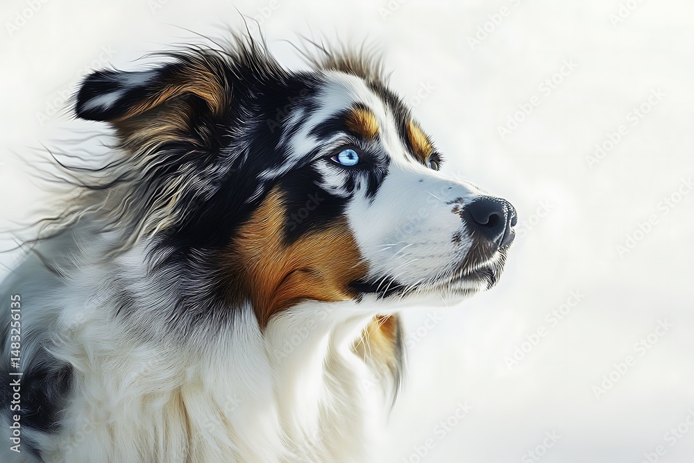 Fototapeta premium Close up profile of an australian shepherd dog with bright blue eyes against a white background