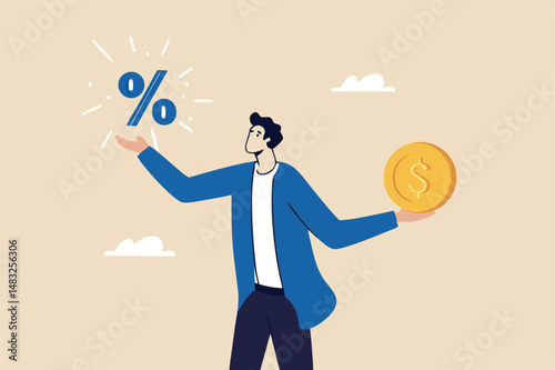 Lending, mortgage or loan interest rate, financial credit, economy growth or income tax calculation, debt or financial credit, investment concept, businessman holding dollar money coin and percentage.