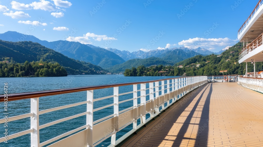 Obraz premium Scenic ocean cruise deck with distant mountain view under clear blue sky travel and leisure concept
