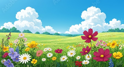 Fototapeta Naklejka Na Ścianę i Meble -  Sun-Drenched Meadow: A Digital Floral Escape