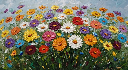 Vibrant Oil Painting of Colorful Daisy Bouquet
