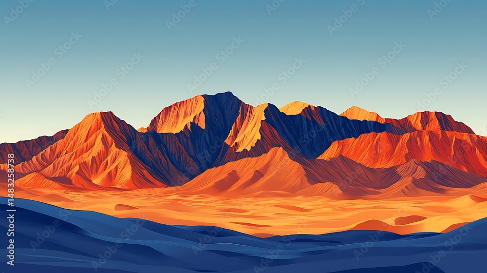 Naklejka premium Sunrise over desert mountains, panoramic landscape