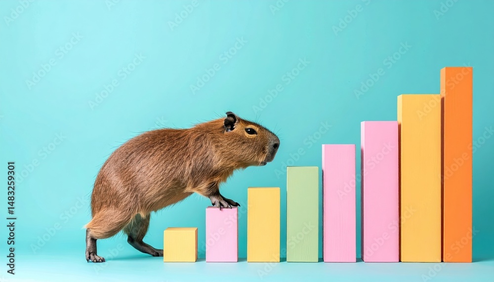 Fototapeta premium Capybara Climbing Colorful Bar Graph Representing Growth and Success