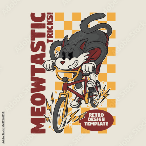 retro cartoon emblem of cat riding bmx bike