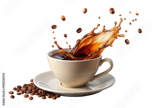  Coffee spills out of the cup isolated on a transparent background.