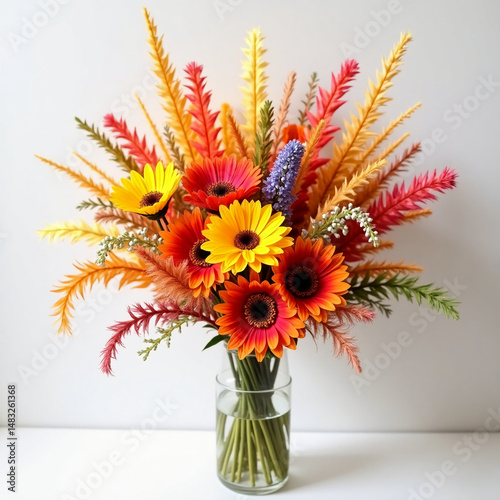 A stunning collection of dried flowers in warm hues showcases sunflowers, colorful grasses, and delicate blooms. Ideal for brightening any room or celebrating joyful occasions Generative AI