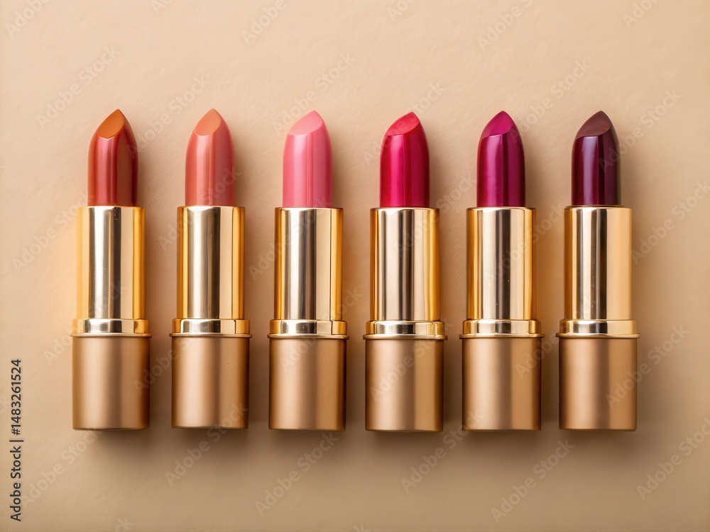 Obraz premium lipstick packaging mockup. Lipsticks in various shades arranged in a row on a neutral background.