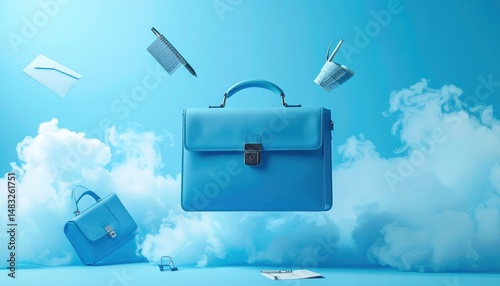 Blue Briefcase Floating in Clouds Business Success Concept