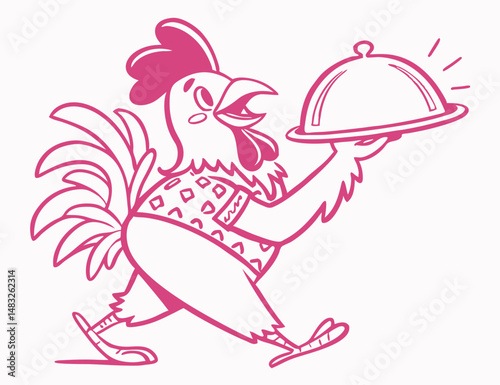 Cartoon rooster with food serving tray restaurant advertising illustration design