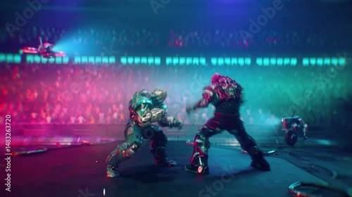 Animation Of Two Sci-Fi Robots Battle In Combat Arena. Combat Robots Fight In Battle Animation. Robot Knocks Out And Finishes Enemy In Battle. Gaming Animation. Cyborgs. Cyberpunk Concept