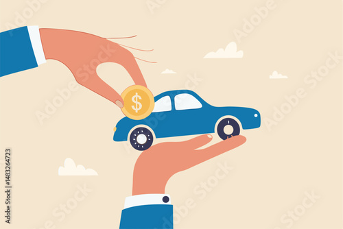 Car leasing or car loan, borrow money to buy new car, rental or auto maintenance cost, debt, purchase or buy new vehicle concept, businessman hand owner put dollar money coin into new car.