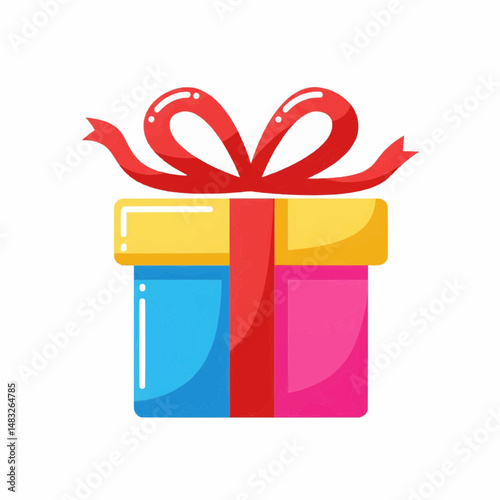 A colorful gift box with a red ribbon on top. Perfect for any occasion or celebration.