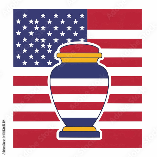 Patriotic urn in front of an American flag. Shows respect for fallen soldiers and remembrance. 
