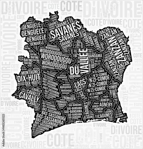 Cote d'Ivoire regions map word cloud. Cote d'Ivoire region names. Black and white map design. Creative vector illustration.