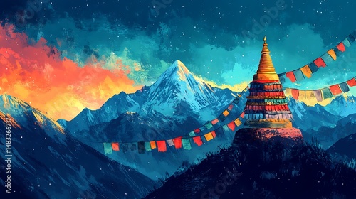 Himalayan stupa with prayer flags at sunset, serene spiritual landscape