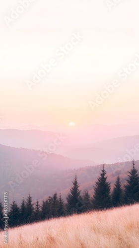 Misty Sunrise Over Gentle Hills and Coniferous Trees