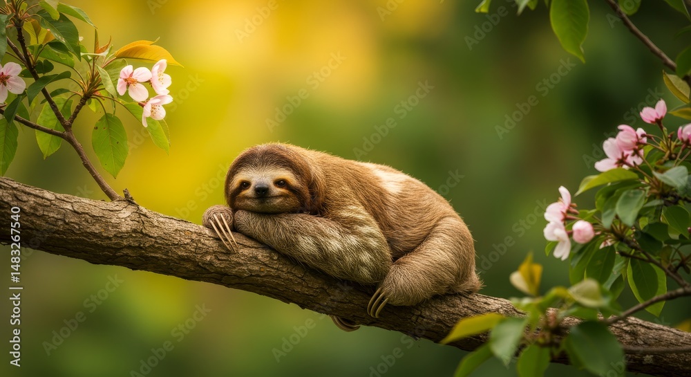 Obraz premium Sloth Relaxing on Branch - A happy sloth rests peacefully on a tree branch, surrounded by delicate pink blossoms. A tranquil nature scene