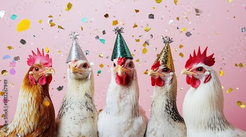 Five playful hens and roosters in party hats among falling confetti
