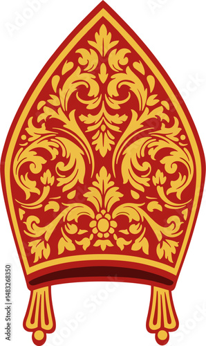Red and Gold Ornate Bishop Mitre Vector – Baroque Catholic Clergy Hat Illustration for Religious and Liturgical Design