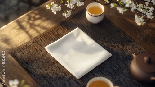 A realistic tea ceremony napkin stitcher mockup with a branded logo, placed on a table