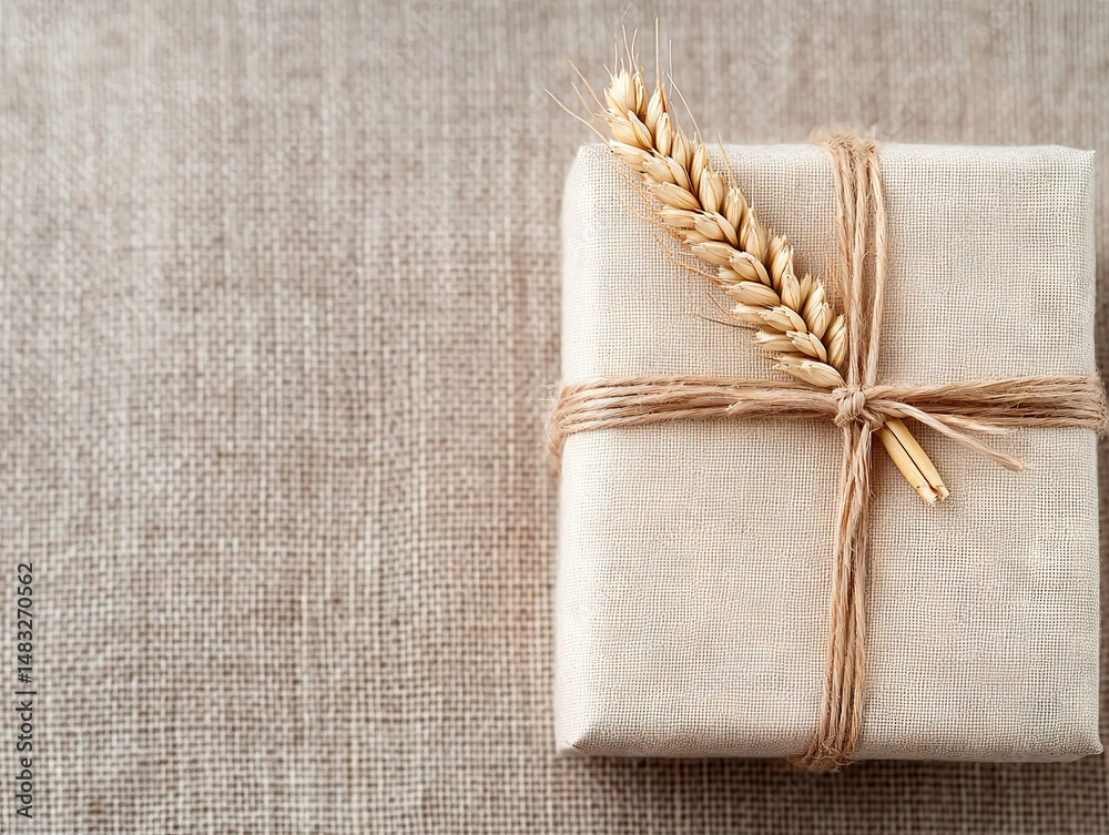 Rustic beige gift wrapped in natural fabric, tied with twine, and adorned with wheat sprig on burlap background Rustic beige gift wrapped in natural fabric, tied with twine, and adorned with wheat sprig on burlap background