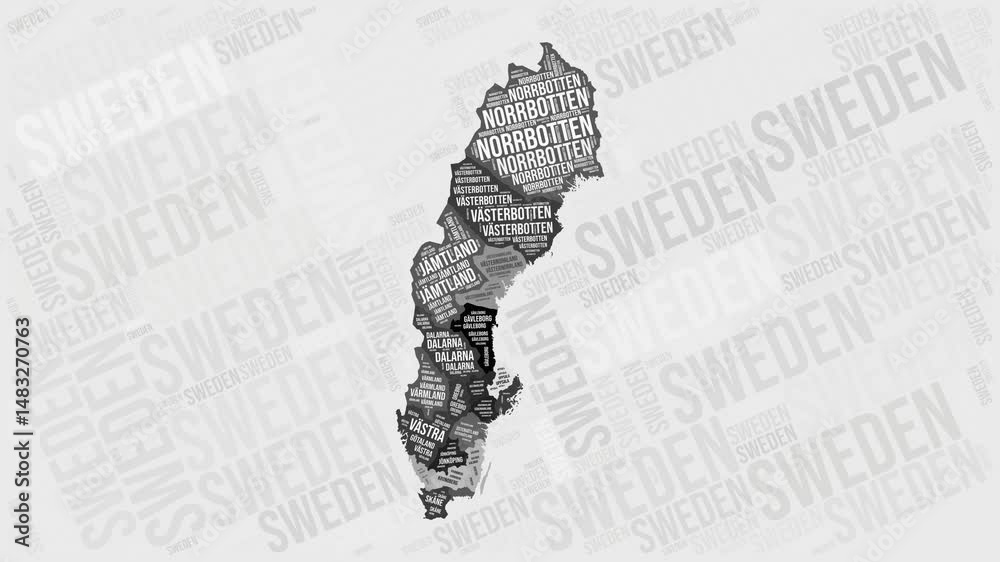 Sweden Animation. Visual effect of Sweden regions appearing in black and white word clouds style. Country intro video. Amazing Animated Motion Graphics.