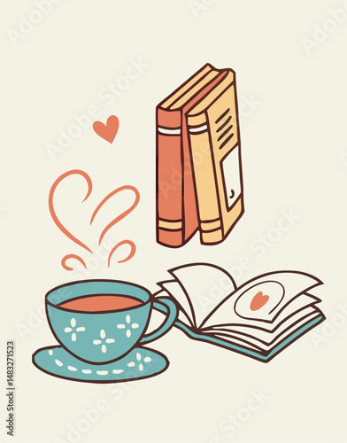 Cozy scene of books tea and a heart to illustrate relaxation and reading