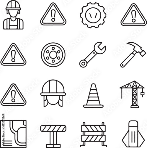 A modern construction icon set in a clean, black and white line art style on a white background