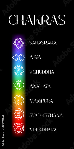 Chakra symbols and colors energy centers of the human body on black background